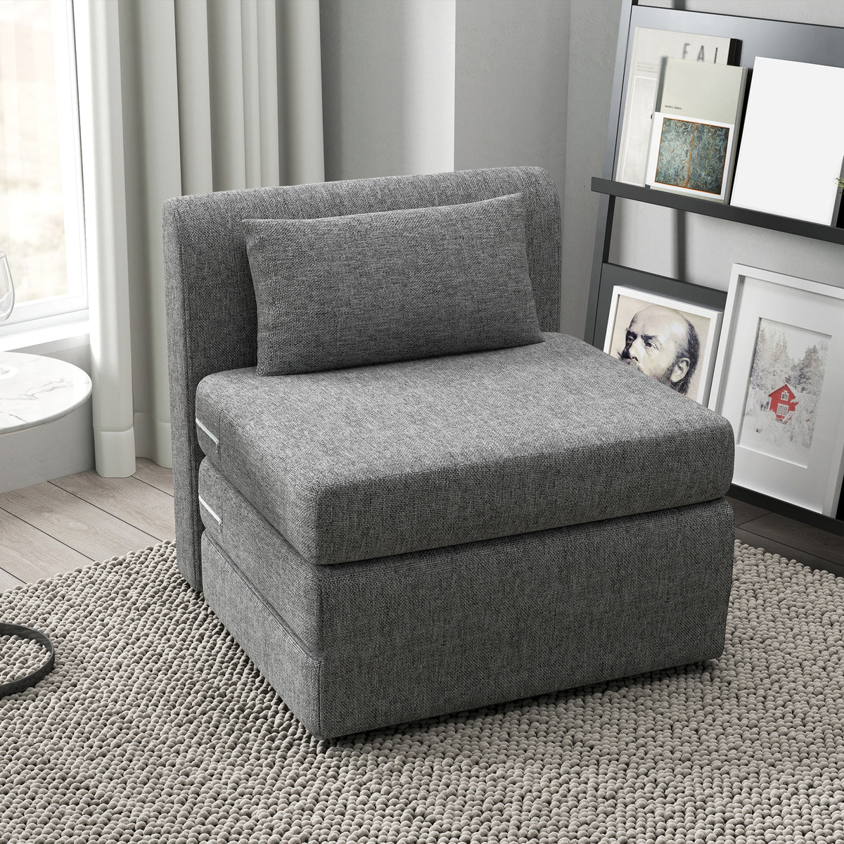 Slaapfauteuil, logeermatras, 3-voudig inklapbaar, compact, metalen frame, 80x75x74 cm, grijs (2)