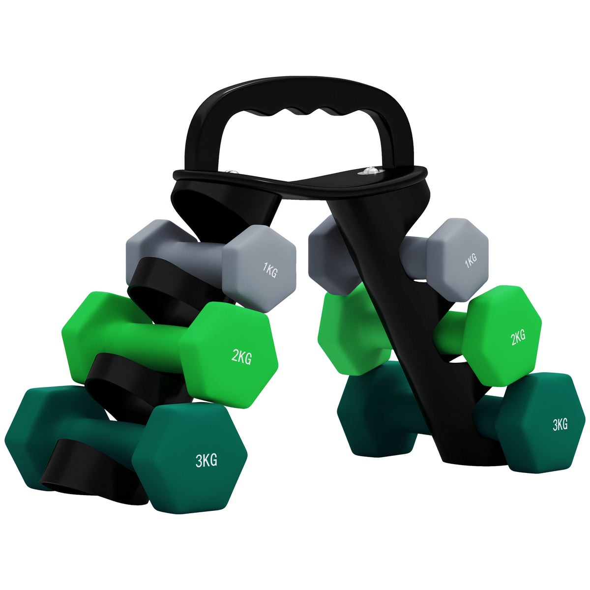 Dumbbellset met opbergrek, set van 6 halters voor fitnesstraining, 2 x 1 kg, 2 x 2 kg, 2 x 3 kg