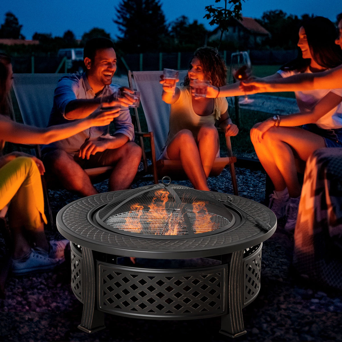 Vuurschaal met pook, vonkenscherm, vuurkorf, vuurtafel, rond, vuurplaats voor tuin, camping, BBQ, staal, zwart (2)