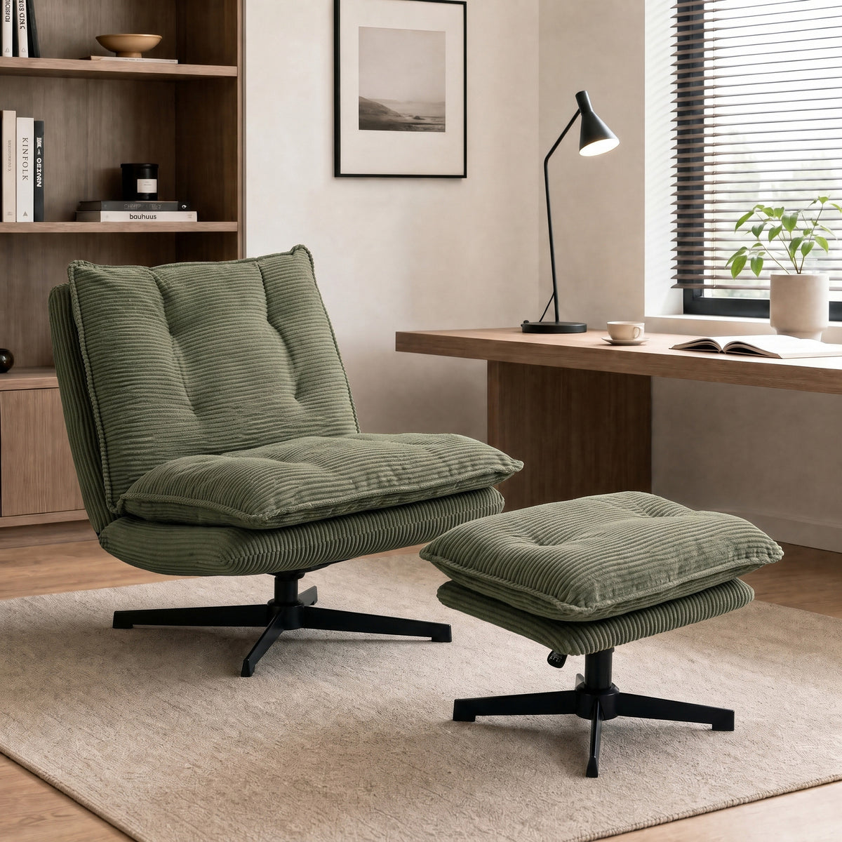 Loungestoel met hocker, 360° draaibaar, ribfluwelen bekleding, in hoogte verstelbare voetensteun, groen (2)
