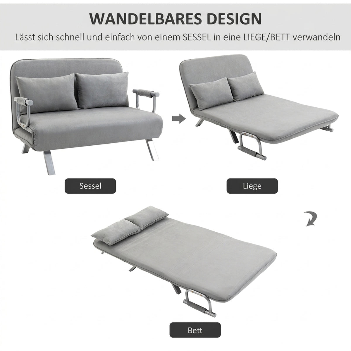 Slaapbank, tweezitsbank, logeerbed, inclusief 2 kussens, grijs (4)