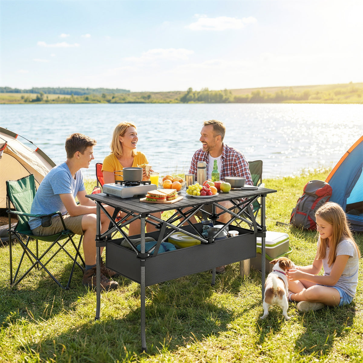 Opvouwbare verrijdbare picknicktafel, draagbare campingtafel met gaasplank en draagtas voor buiten, zwart (2)