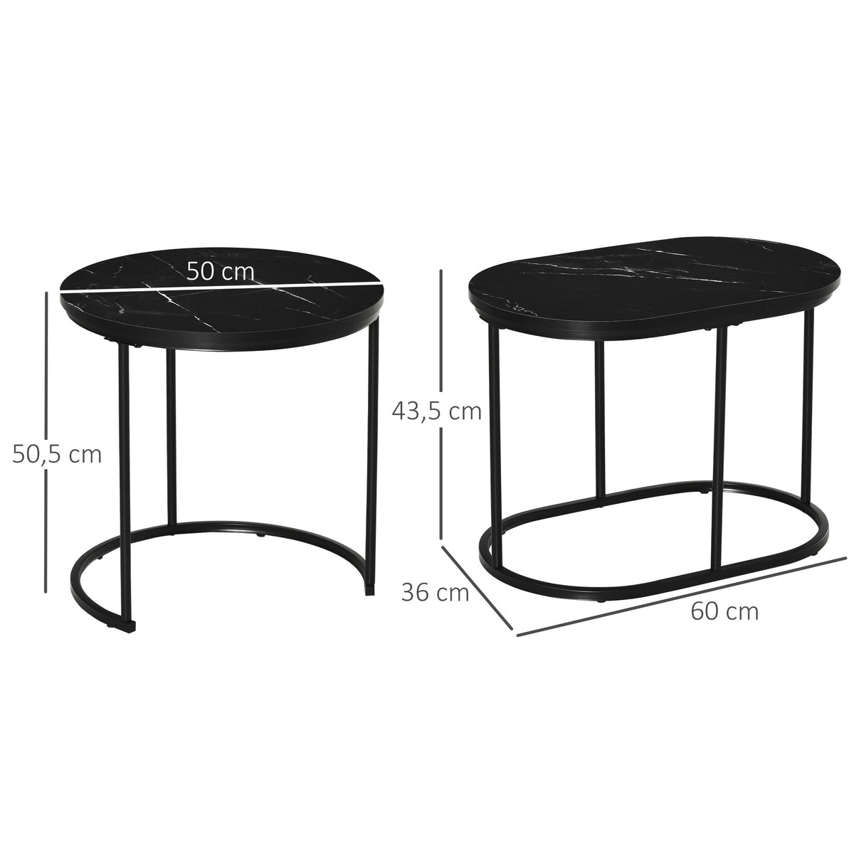 2-delige salontafelset, ovale en ronde koffietafel, stapelbaar, marmerlook, MDF, metaal, Ø50 x 50,5H cm, zwart (2)