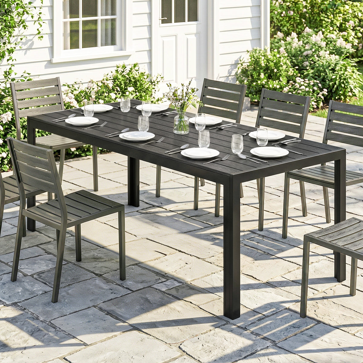 Tuintafel kunststof 190 x 84,5 x 72 cm UV- & weerbestendig balkontafel met houtlook, houtstructuur, antislip (2)