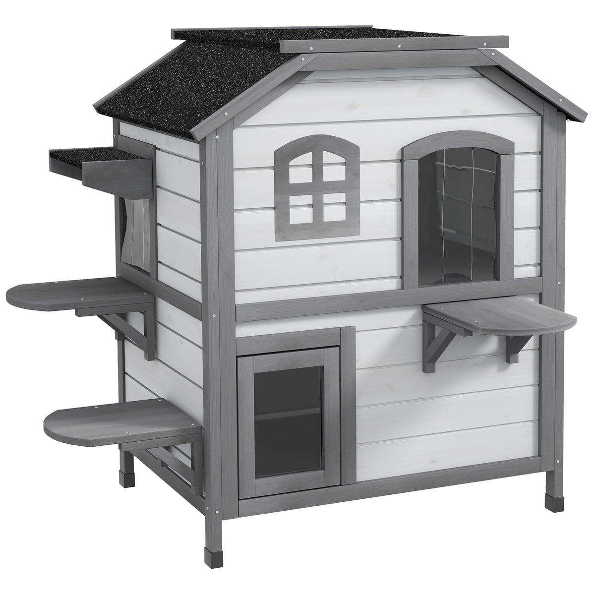 Kattenhuis kattenhut kattenhol, 2 verdiepingen, weerbestendig, 99,5 cm x 76 cm x 91 cm, wit + grijs