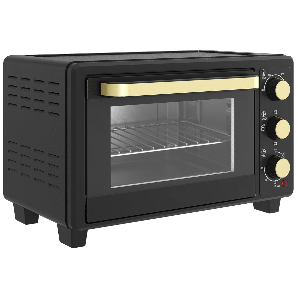 Mini-oven, oven met broodroosterfunctie, timer, grillrooster, bakplaat, glazen venster, metaal, zwart