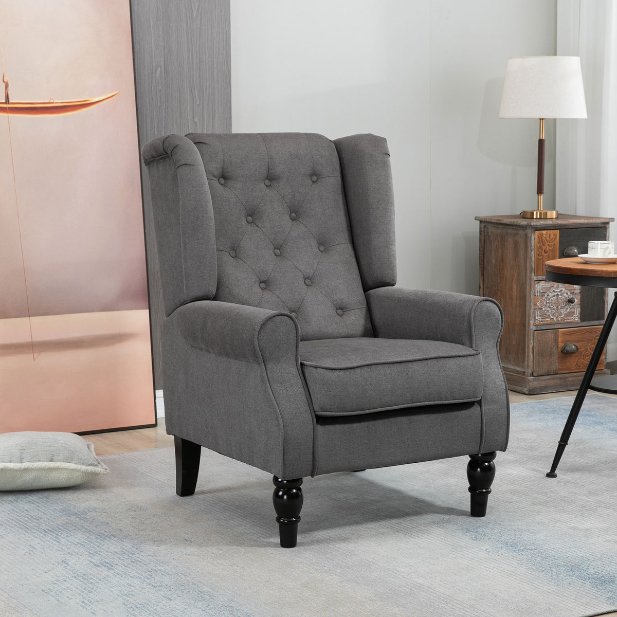 Oorfauteuil in vintage-design, leesfauteuil, accentstoel, houten poten, knoopstoffering, grijs + zwart (2)