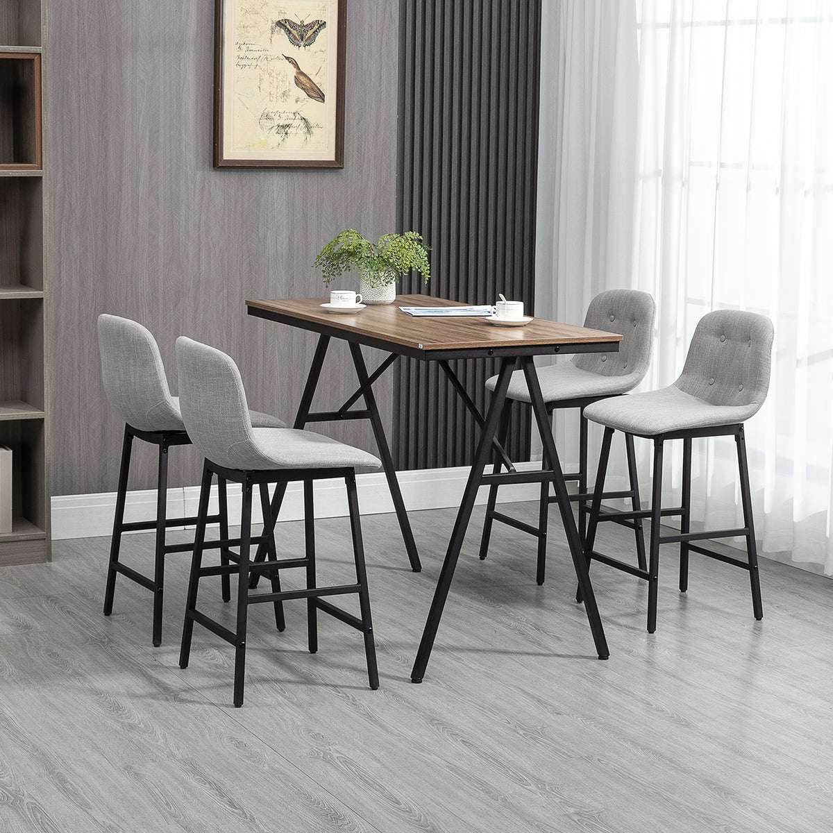 Bartafel met barkrukken in industrieel design, knoopstoffering, 120 cm x 60 cm x 91 cm, lichtgrijs (2)