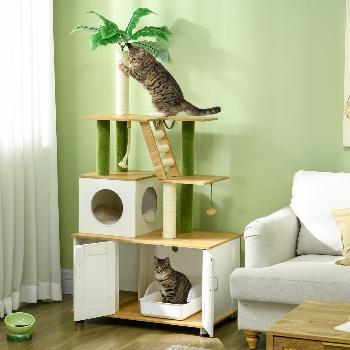 Krabpaal, incl. kast, 1 kattenhol, 80 x 48 x 160 cm, 1 ladder, eiken + wit (2)