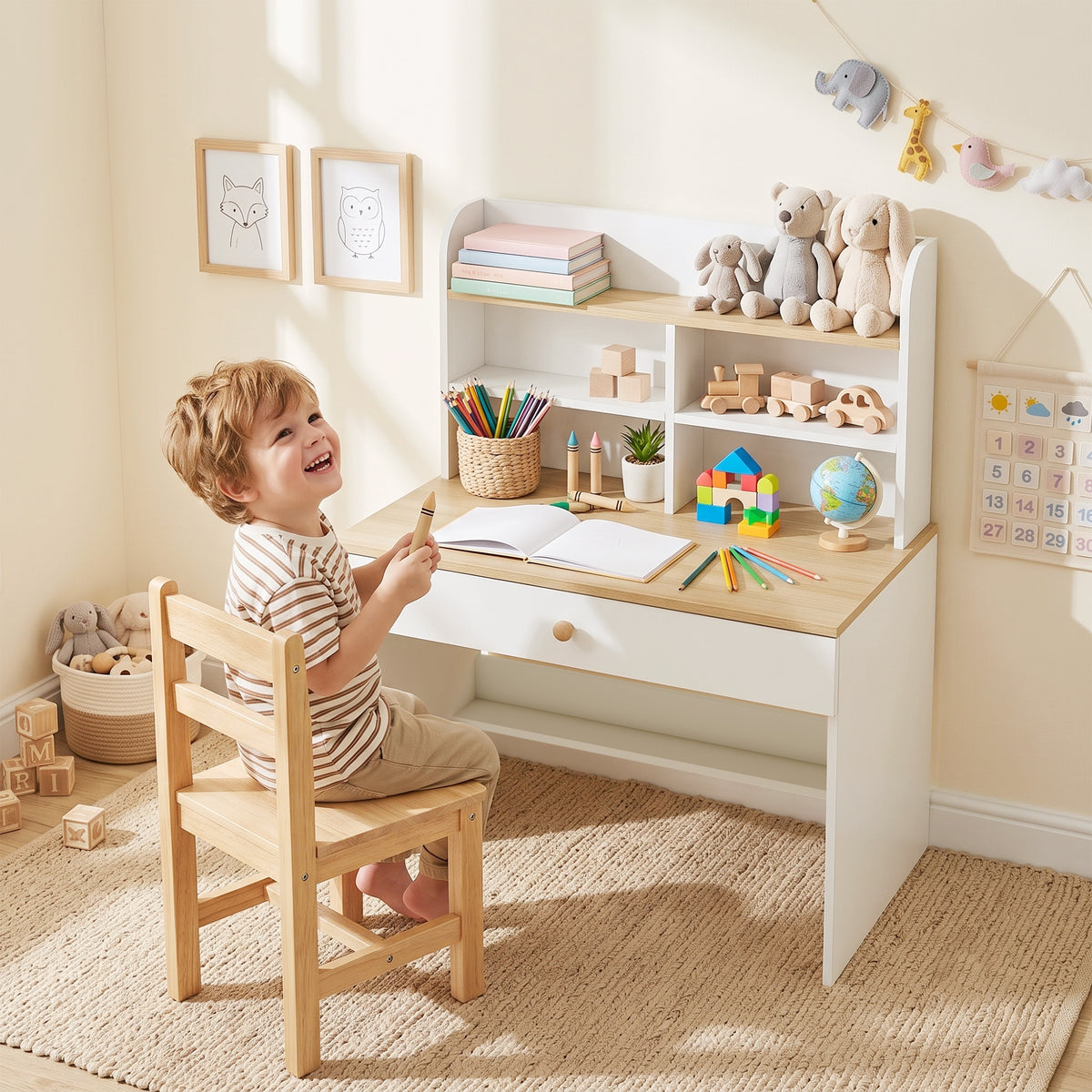 Kinderschrijftafel kinderbureau met lade boekenplank opbergruimte voor kinderen 3-8 jaar, 80 x 50 x 100 cm wit (2)