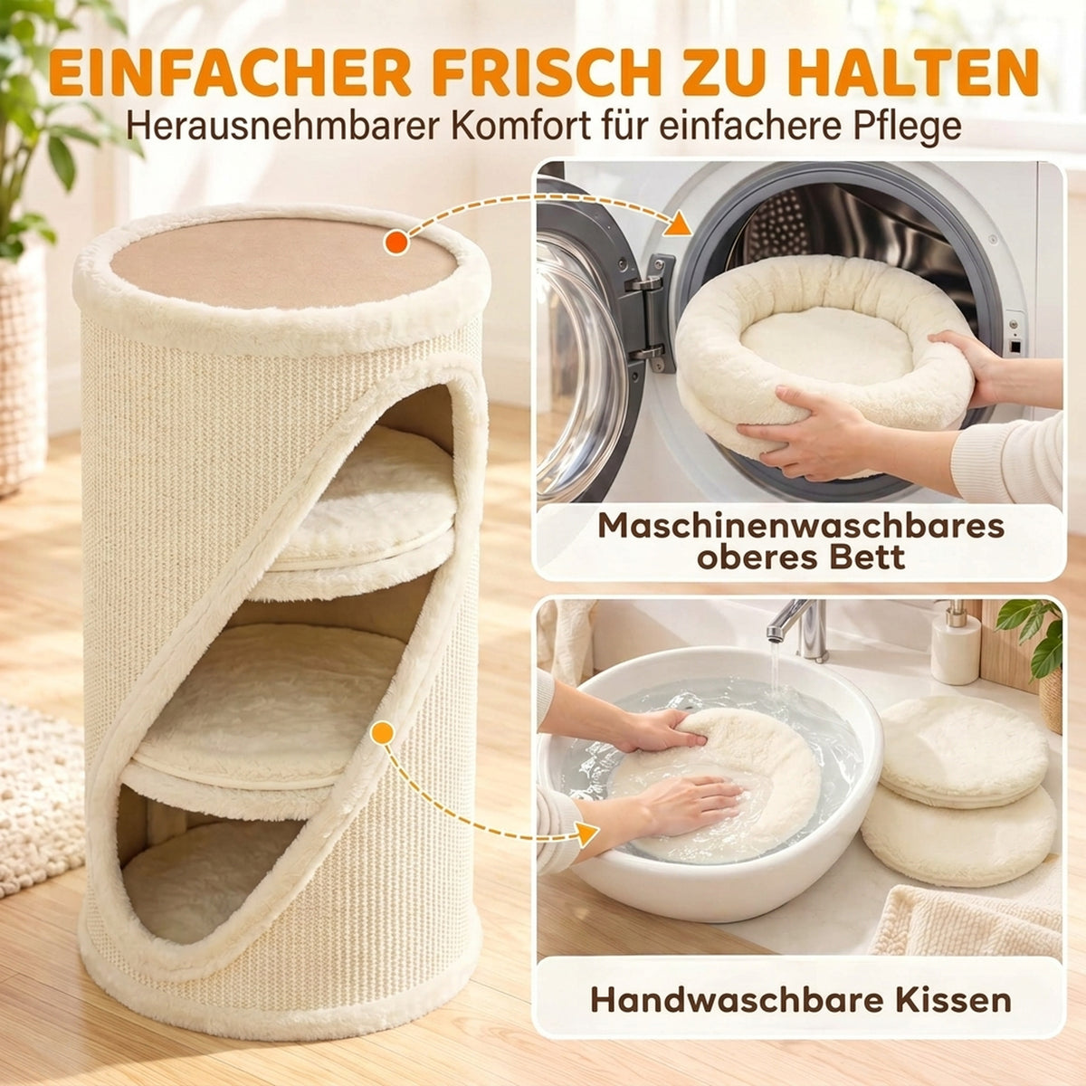 Krabton 75 cm hoog Ø 35 cm 4-traps kattenton met 3 holen, afneembaar wasbaar pluche bed sisal-kraboppervlak (7)