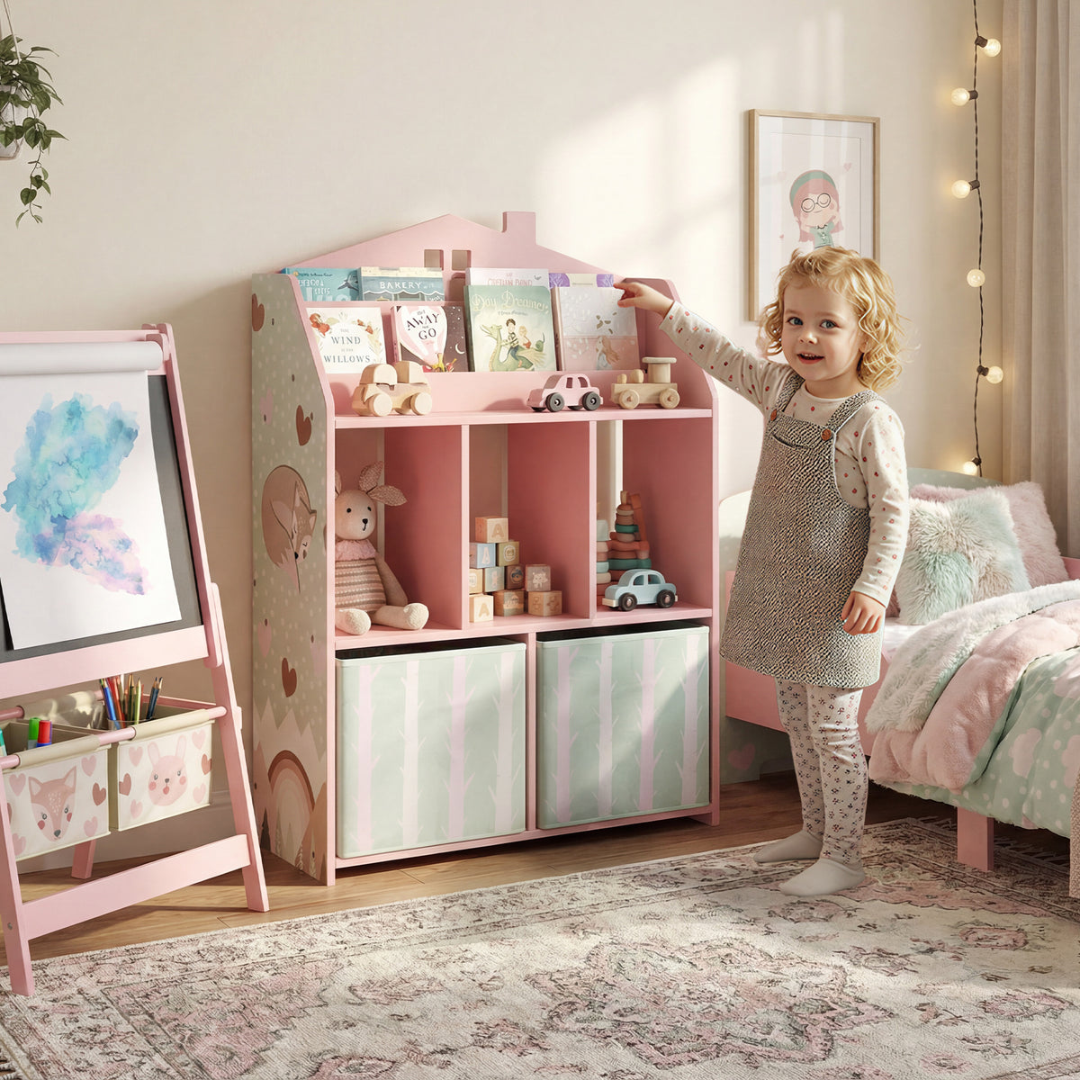 Kinderboekenrek met 2 stoffen lades, open rek voor 3-8 jaar, 62,5x30x91,5 cm, roze (2)