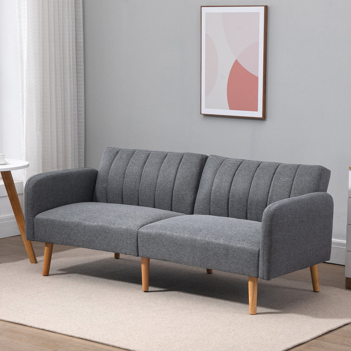 Slaapbank, 2-zits stoffen bank, bank met slaapfunctie, linnenachtig polyester, rubberhout, 173 x 75 x 73 cm (2)