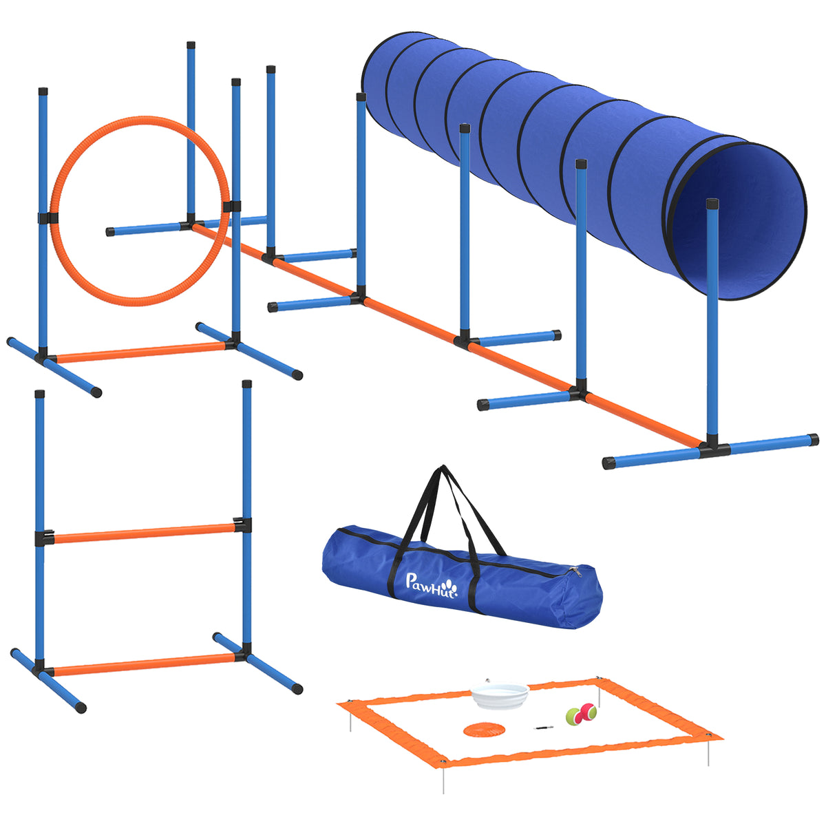 Hondentrainingsset voor agility, 8-delige set met tunnel, slalomstokken, verstelbare hindernissen, springring