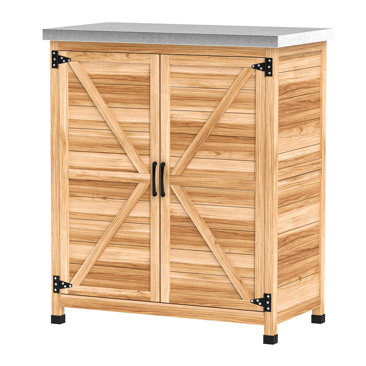 Tuinkast met interne plank en werkbank, van vurenhout en verzinkt staal, 79x43x92 cm, houtkleur