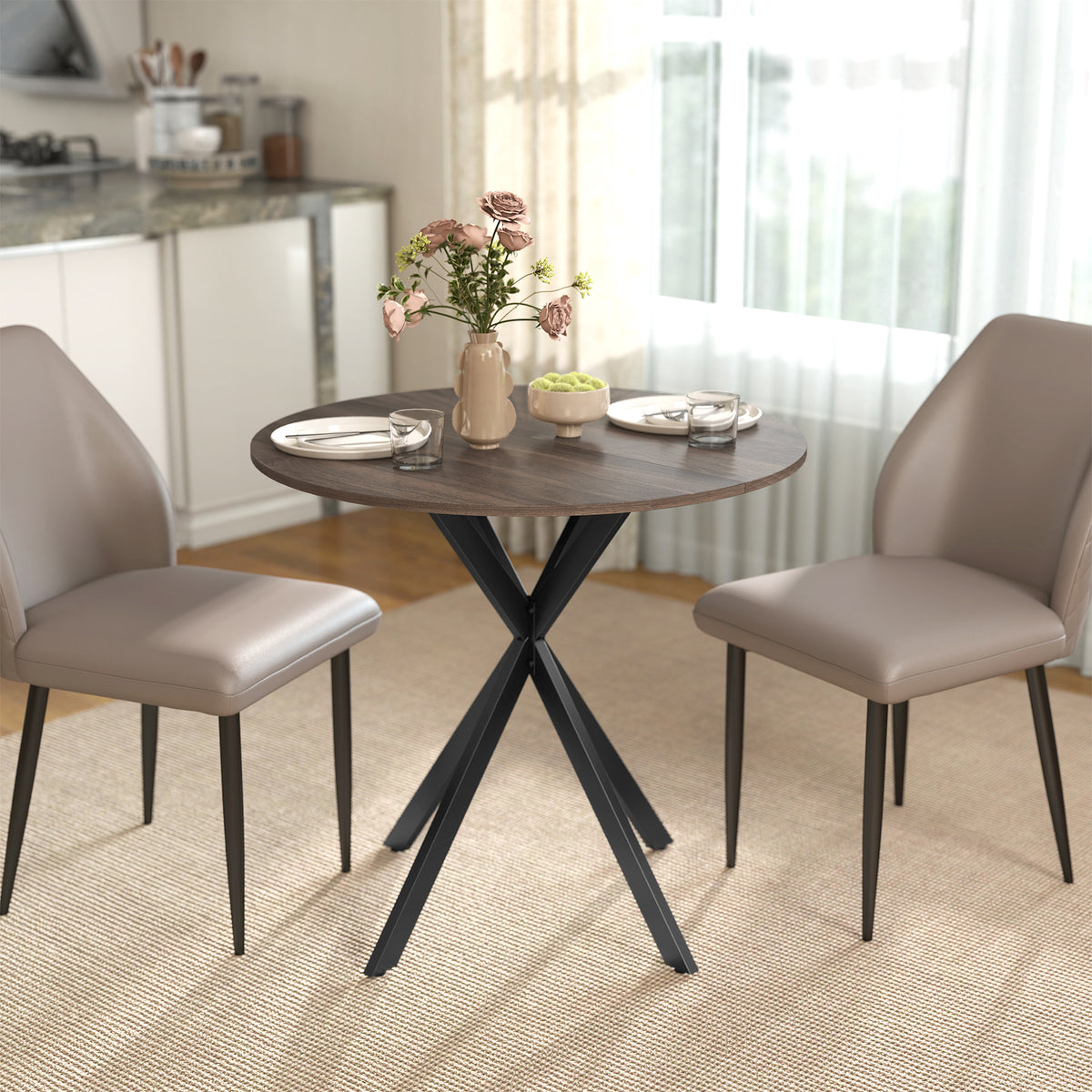 Ronde keukentafel, 80 cm, compact tafelblad, spaanplaat, metaal, bruin (2)