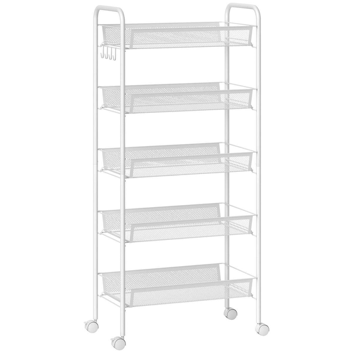 Keukenwagen met 5 draadmanden, 4 haken, 4 wielen, 2 handgrepen, staal/kunststof, 45x26,5x106 cm, wit