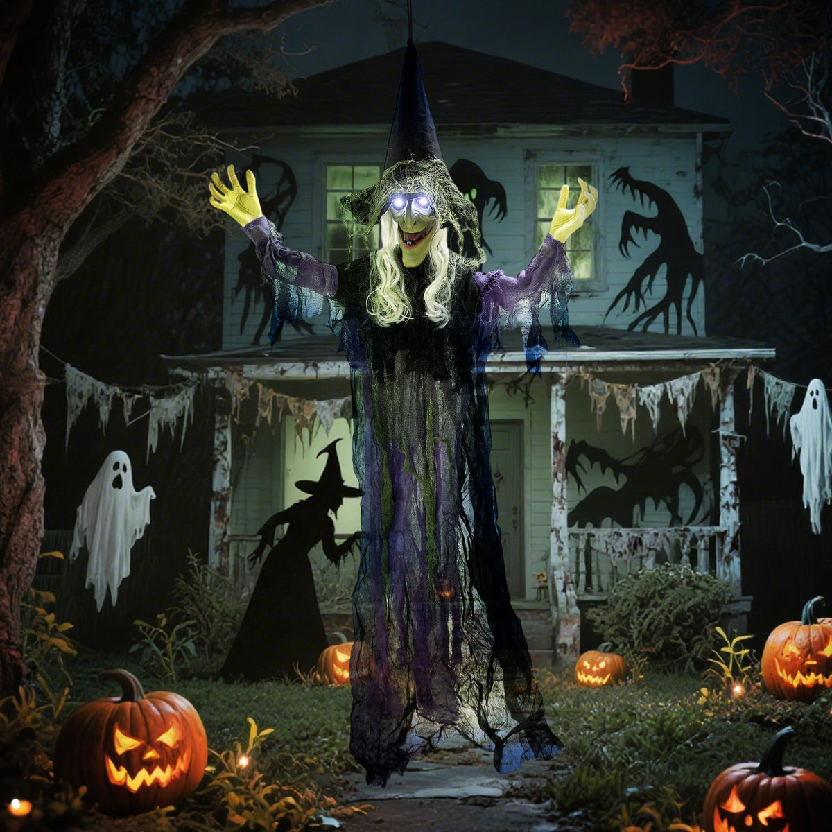 183cm Halloween-decoratie hangende Halloween-heks met ledverlichting, geluidsfunctie, verstelbare armen en mond (2)