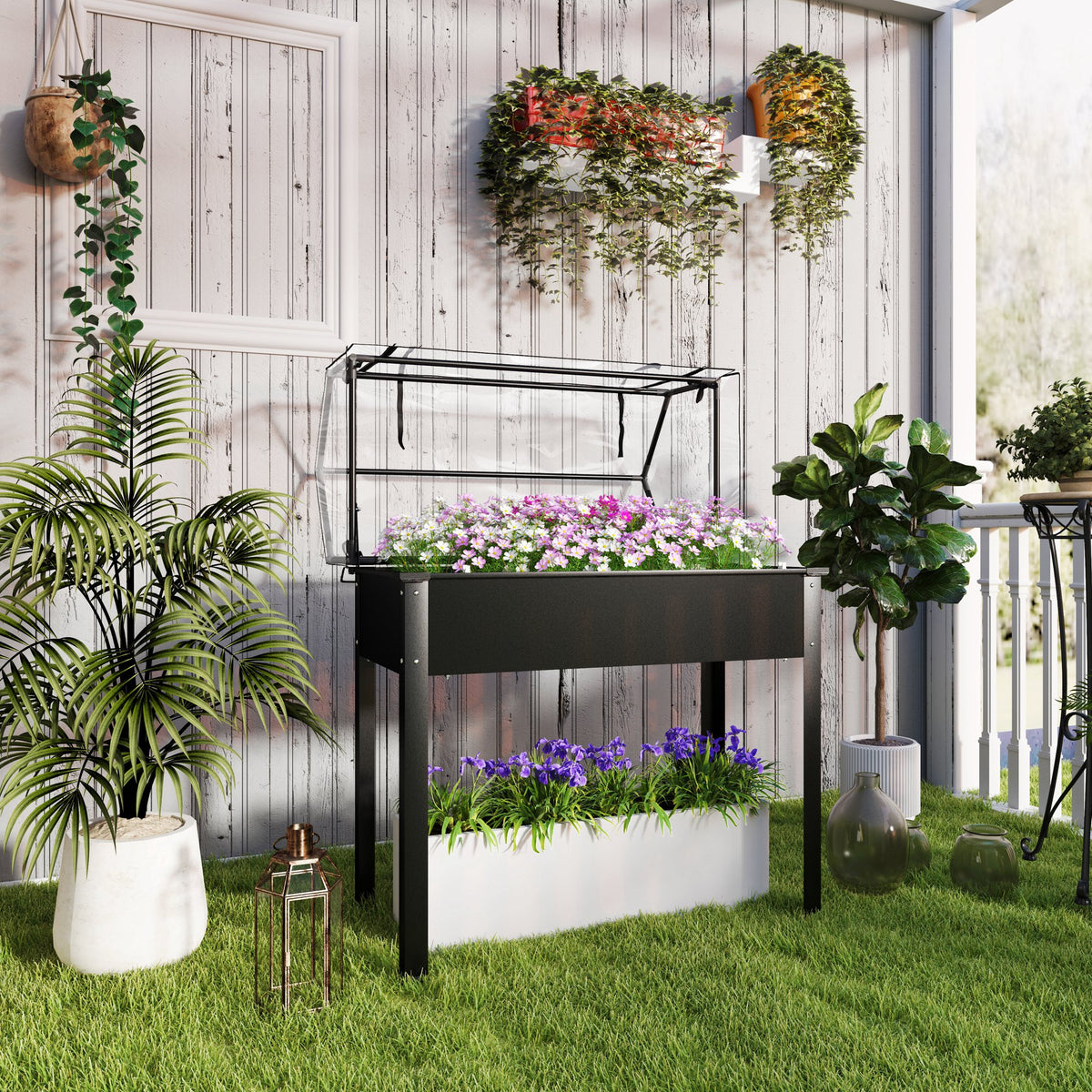 Verhoogde plantenbak met broeikasdak, verhoogde plantenbak met afwateringsgaten, 100 x 48 x 124 cm, zwart (2)