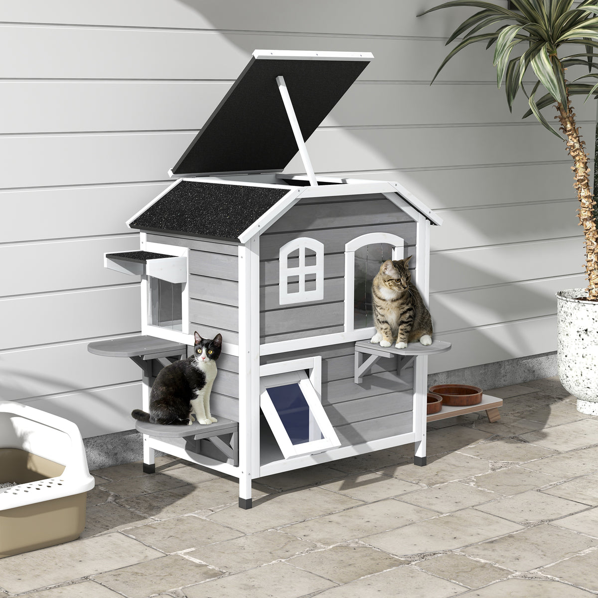 Houten kattenhuis 2 verdiepingen winterhard waterdicht kattenhok met asfalt dak inklapbaar deksel trap kattenhol (2)
