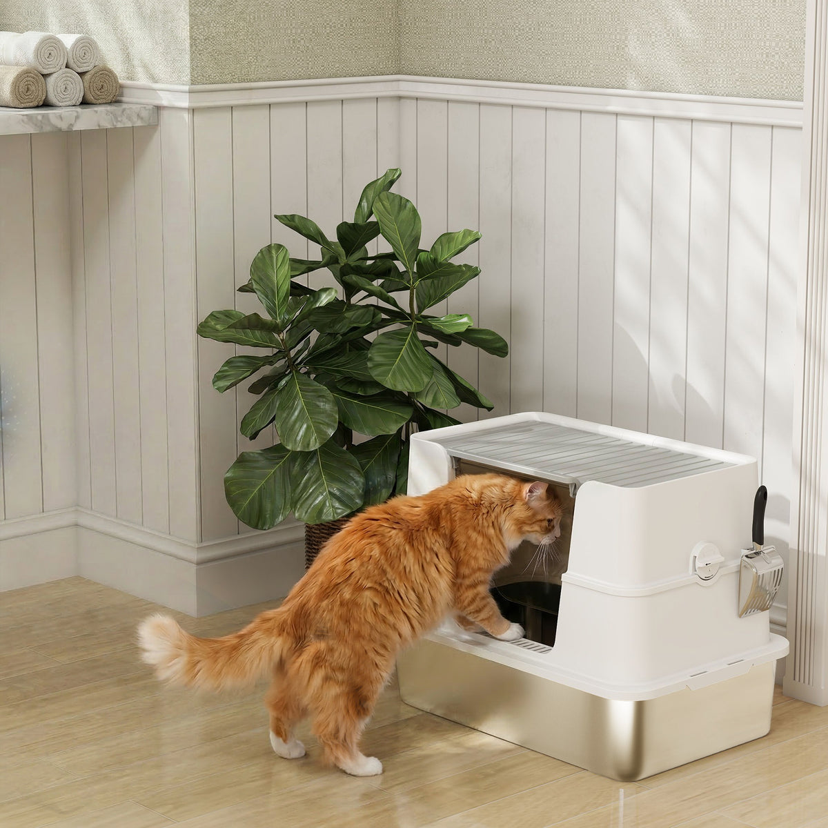 Kattenbak, roestvrij staal, XL-binnenruimte, met schep, lichtgrijs (2)