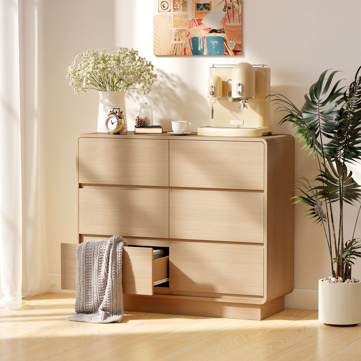 100 cm dressoir, buffetkast met 6 lades, ladekast voor keuken, woonkamer, eetkamer, natuurlijk hout (2)