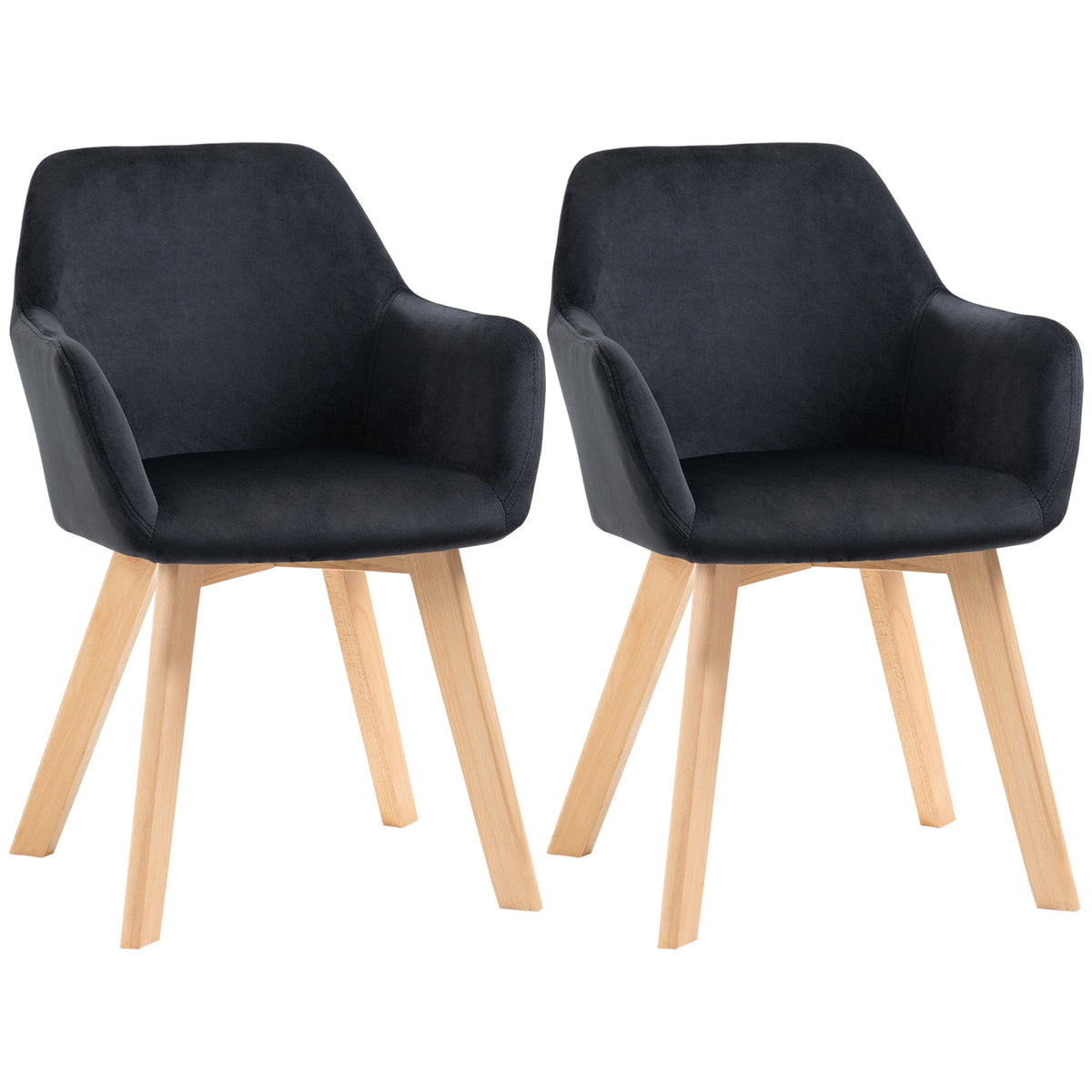 Eetkamerstoelen, set van 2, modern design, fluweel-look, rubberwood, 54x57x80 cm, zwart
