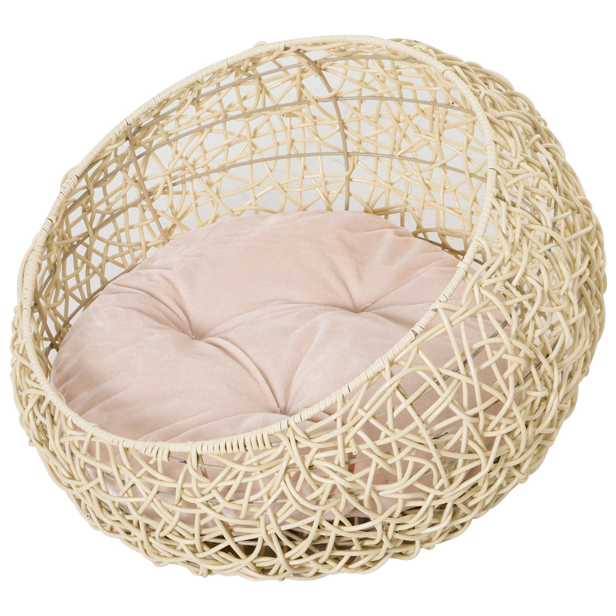 Rattan kattenhol kattenbed kattenhuis met kussen kattentent huisdierhuis voor katten honden beige Ø56 x 35 cm