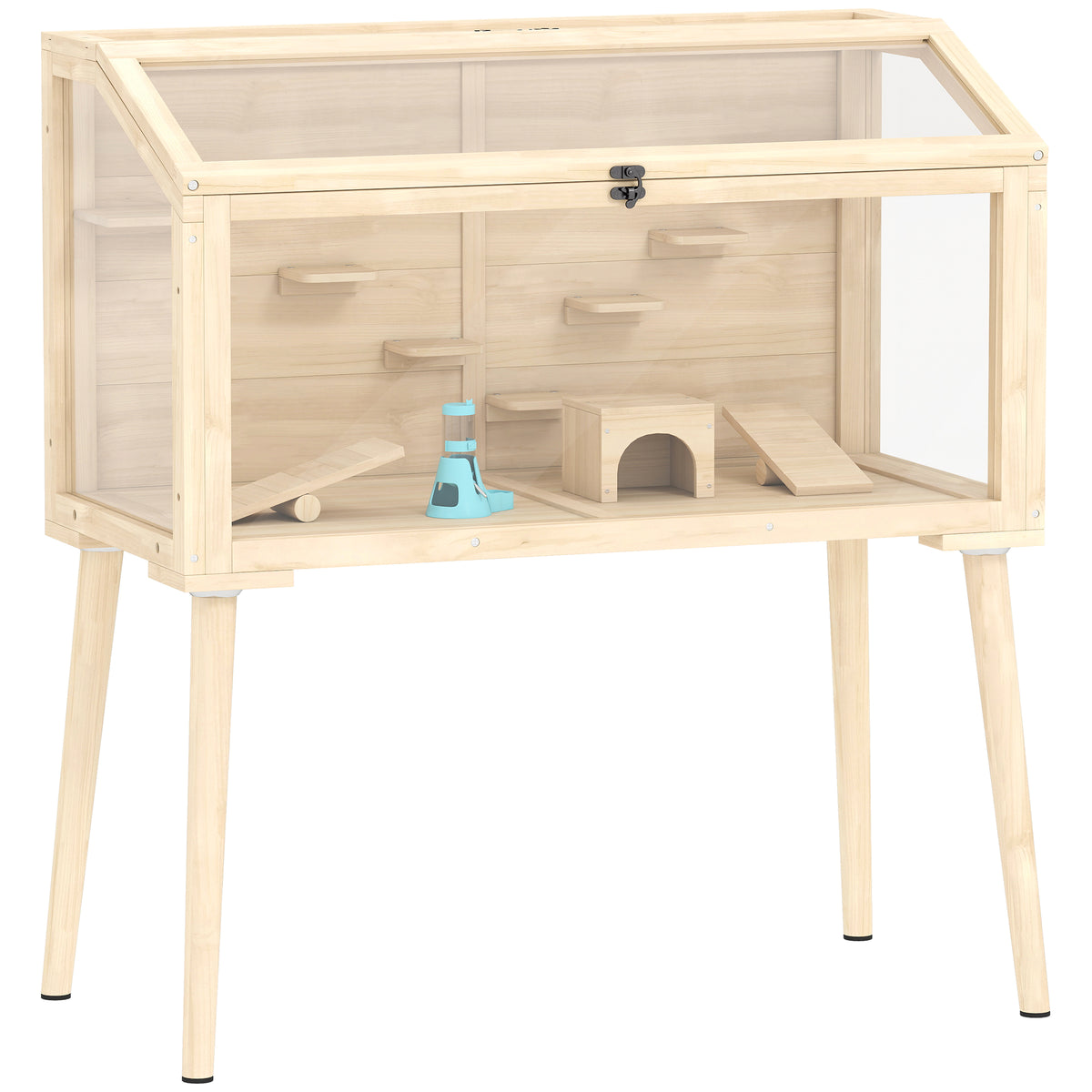 Hamsterkooi, dwerghamsterverblijf, klein dierenhok met accessoires, waterfles, 110 x 52 x 101 cm, hout