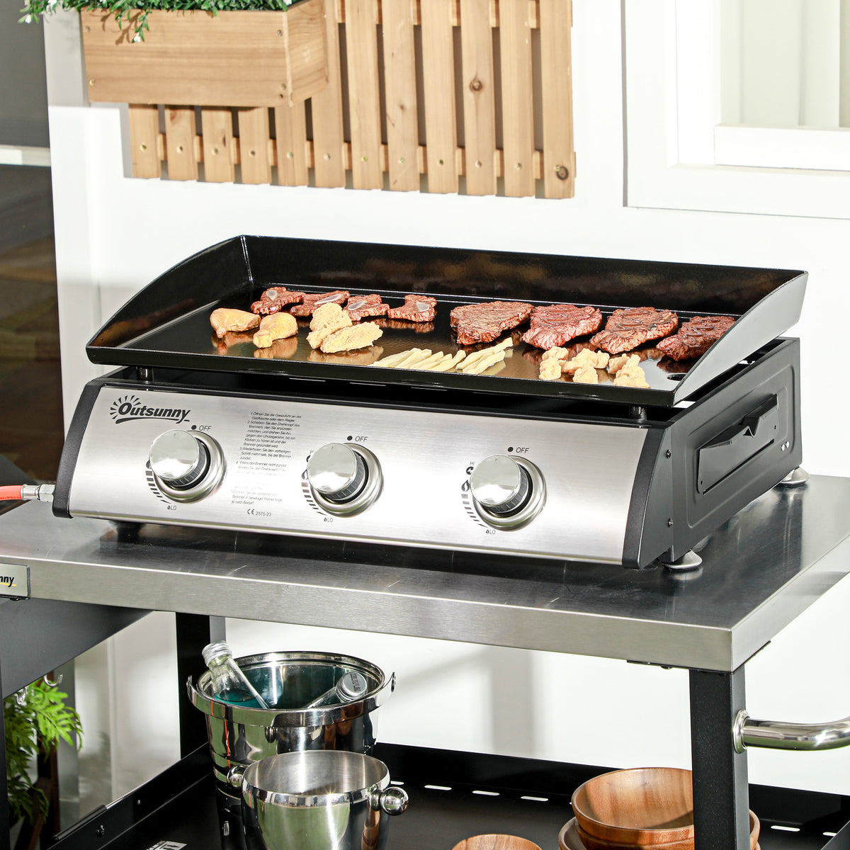 Gasbarbecue met deksel, 3 branders, vetopvangbak, antiaanbakplaat, 63x47x25 cm, zwart/zilver (2)
