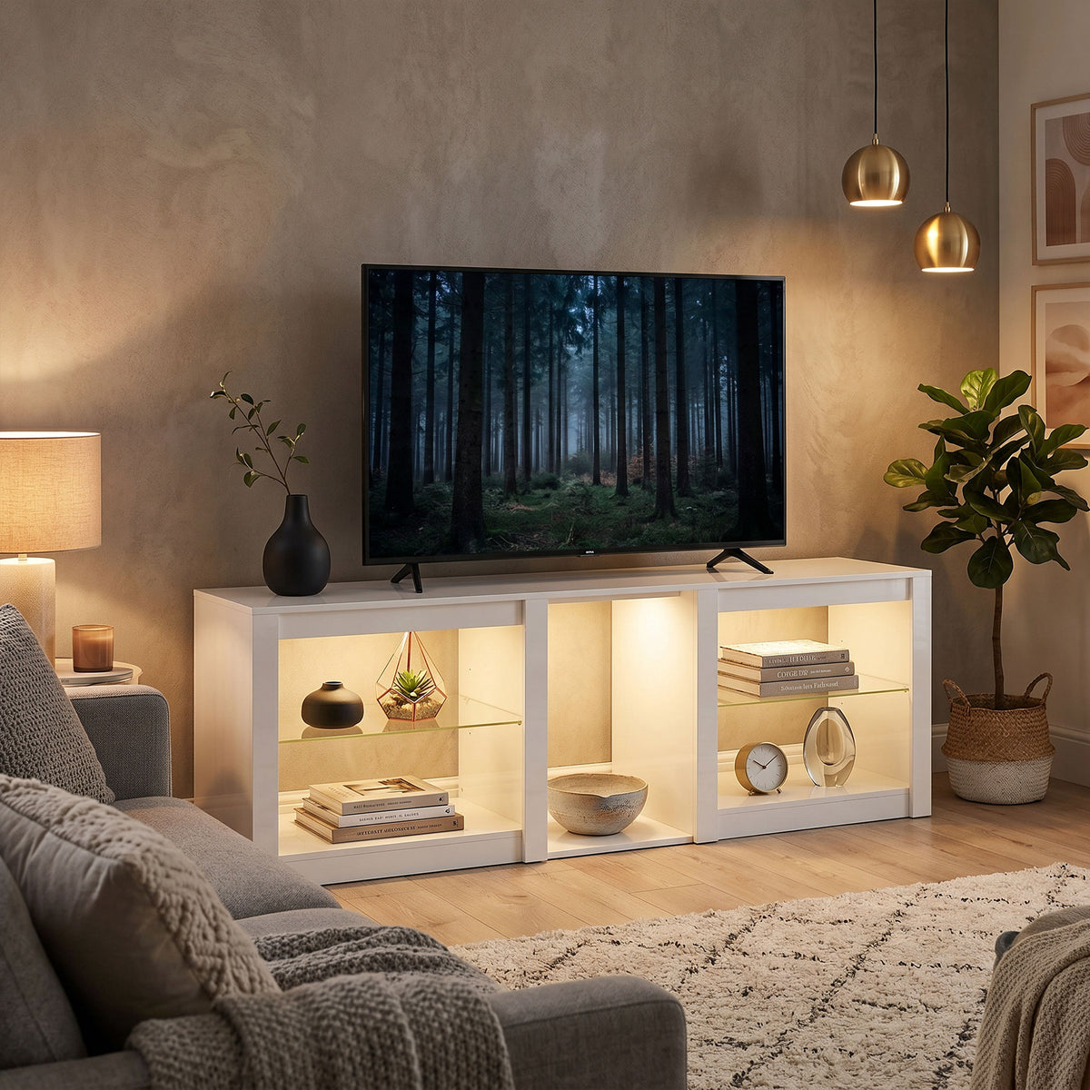 TV-dressoir met RGB-ledverlichting, modern tv-meubel met verstelbare glazen planken, voor tv's tot 75 inch, wit (2)