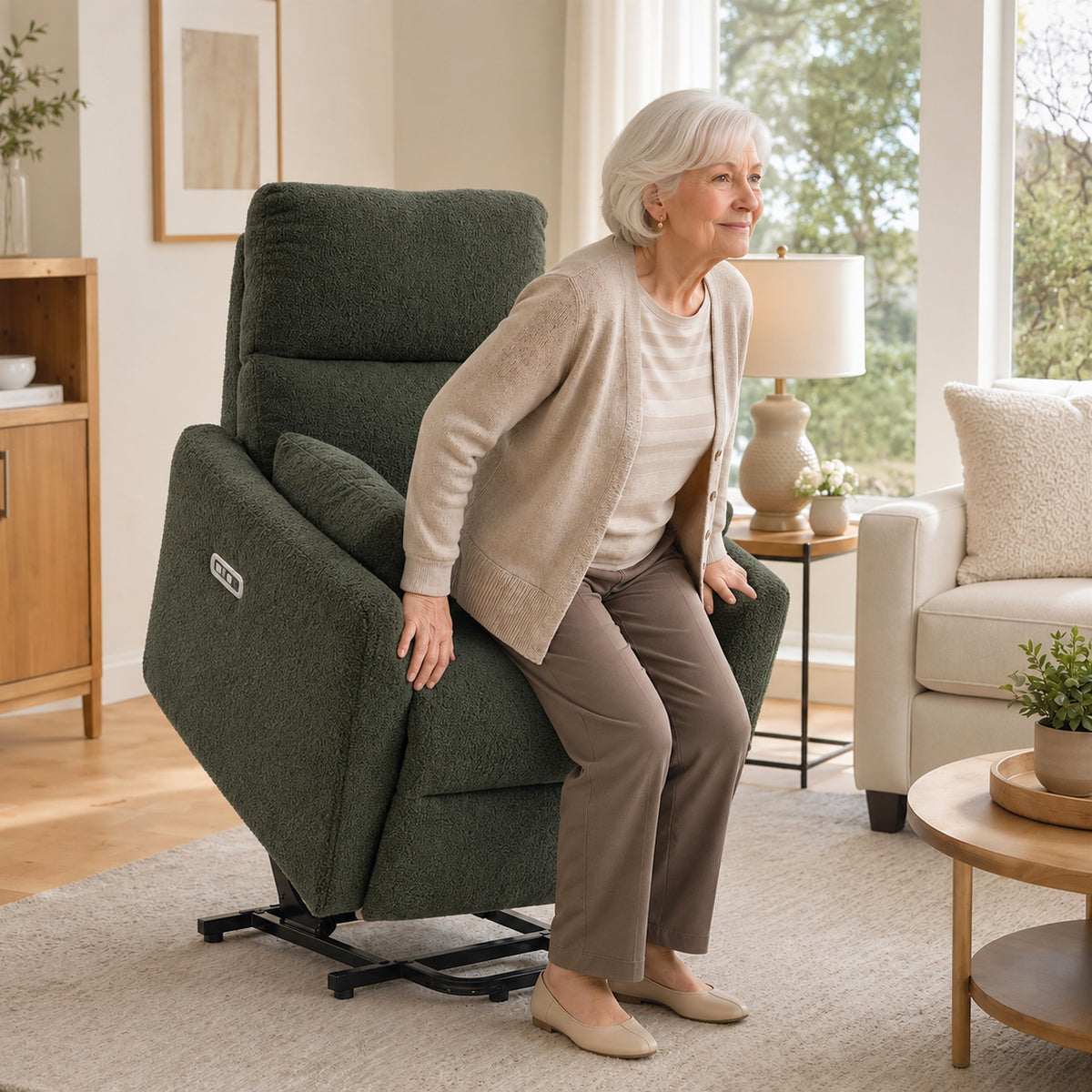 Sta-opfauteuil met massage en warmte, elektrische relaxfauteuil van teddystof voor senioren, donkergroen (2)