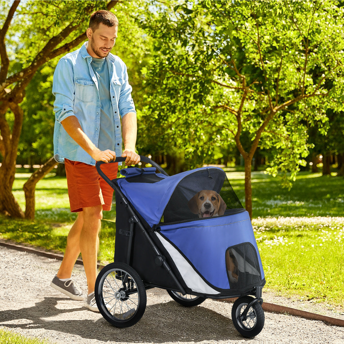 Hondenbuggy, inklapbaar, uitklapbaar, ligkussen, stalen frame, blauw/zwart (2)