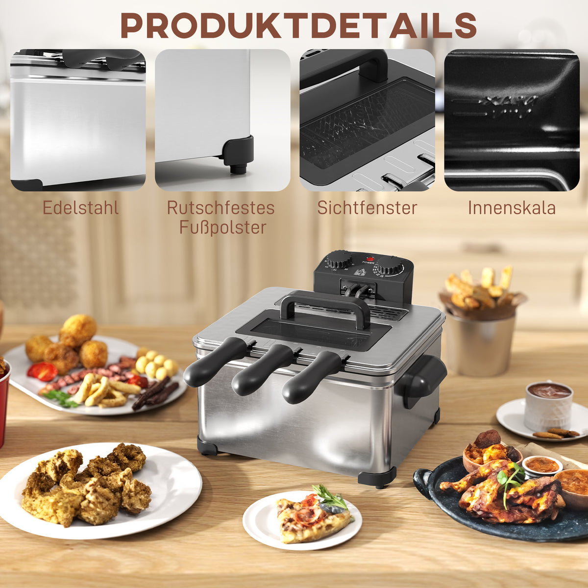 Friteuse, 5 l oliecapaciteit, timer, kijkvenster, 2000 W vermogen, zilverkleurig (5)