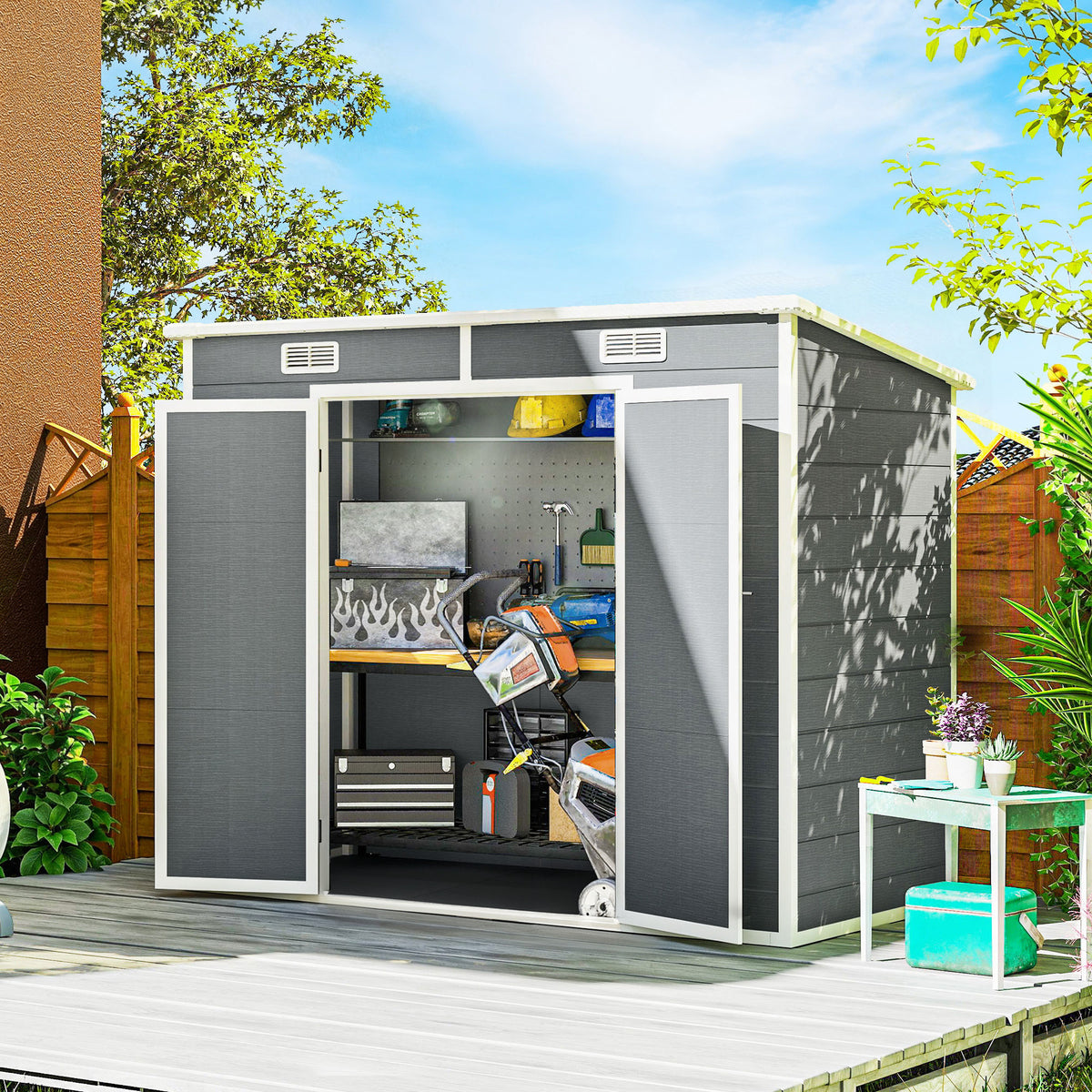 2,4 x 1,3 m tuinhuis, kunststof tuinhuis met vloer, raam, afsluitbare deuren, voor tuin, terras, grijs (2)