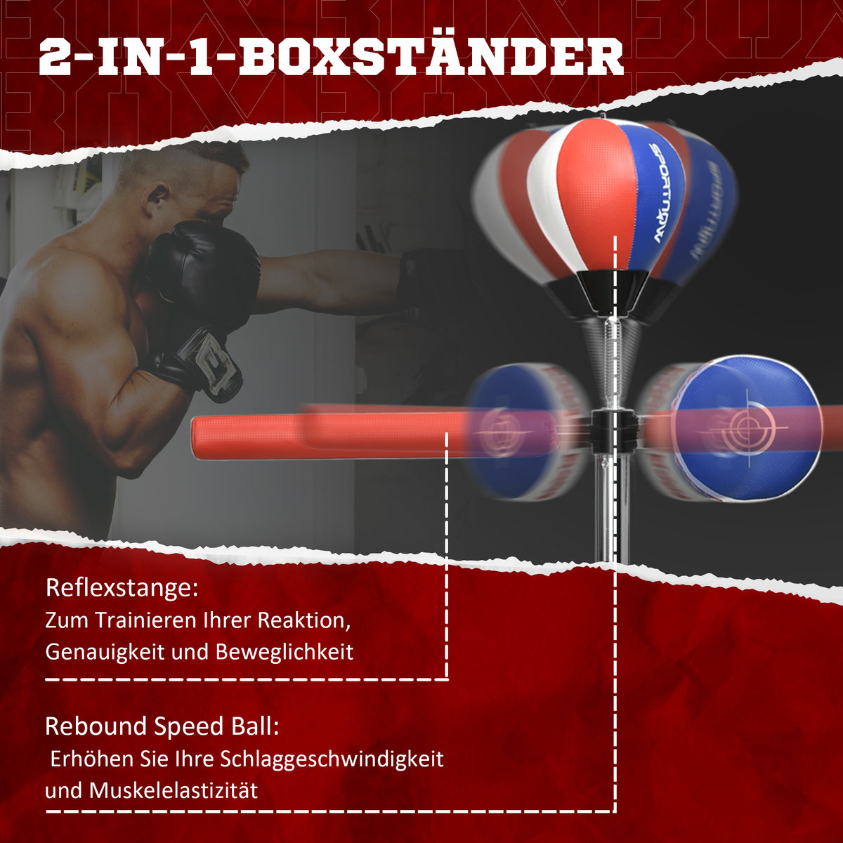 Bokspaal, in hoogte verstelbaar, reflexstang, trapkussen, speedball, vulbare voet, 80,5 x 48 x 163-205 cm (4)