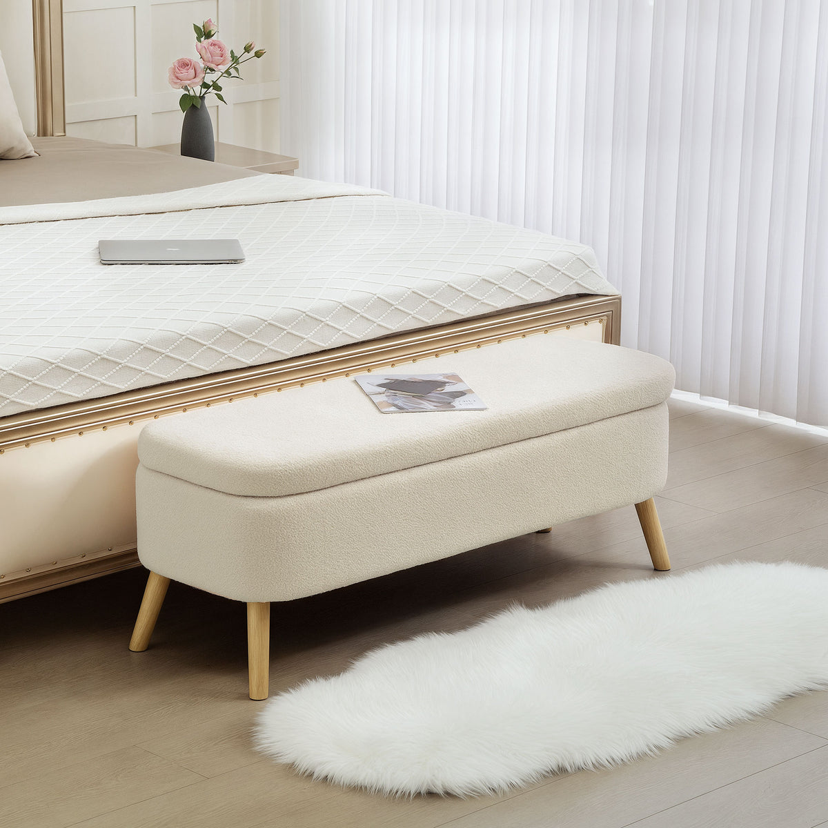 Opbergbank, zitbank met 65 L opslagruimte, teddyfleece-stof, rubberhout, 120 x 42 x 45 cm, beige (2)