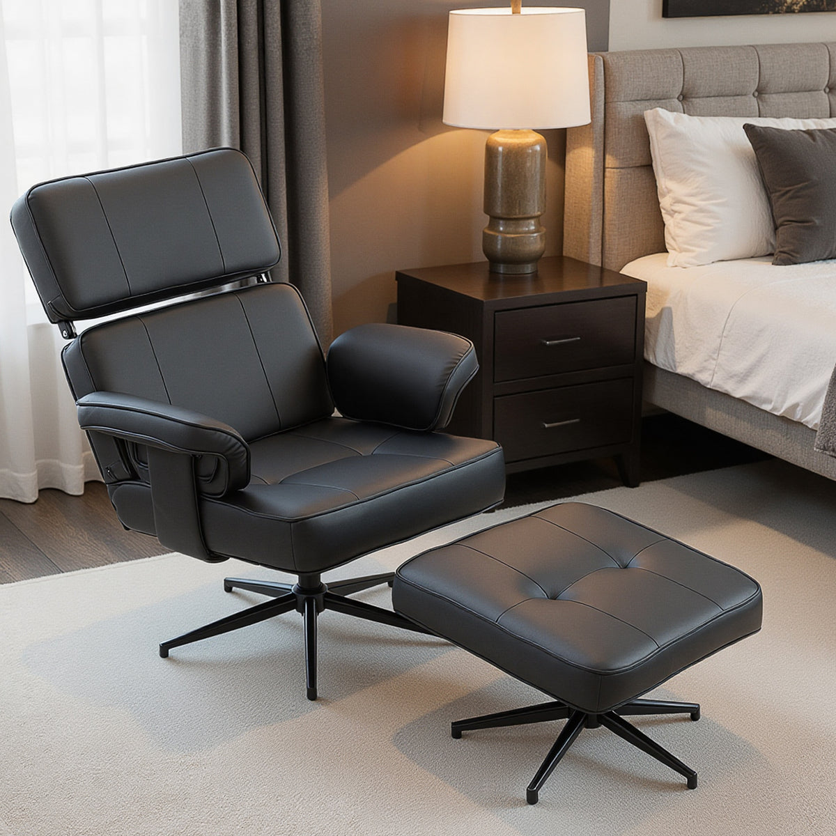 Verstelbare relaxfauteuil met voetenbank, kunstlederen bekleding, in hoogte verstelbare hoofdsteun, metalen (2)