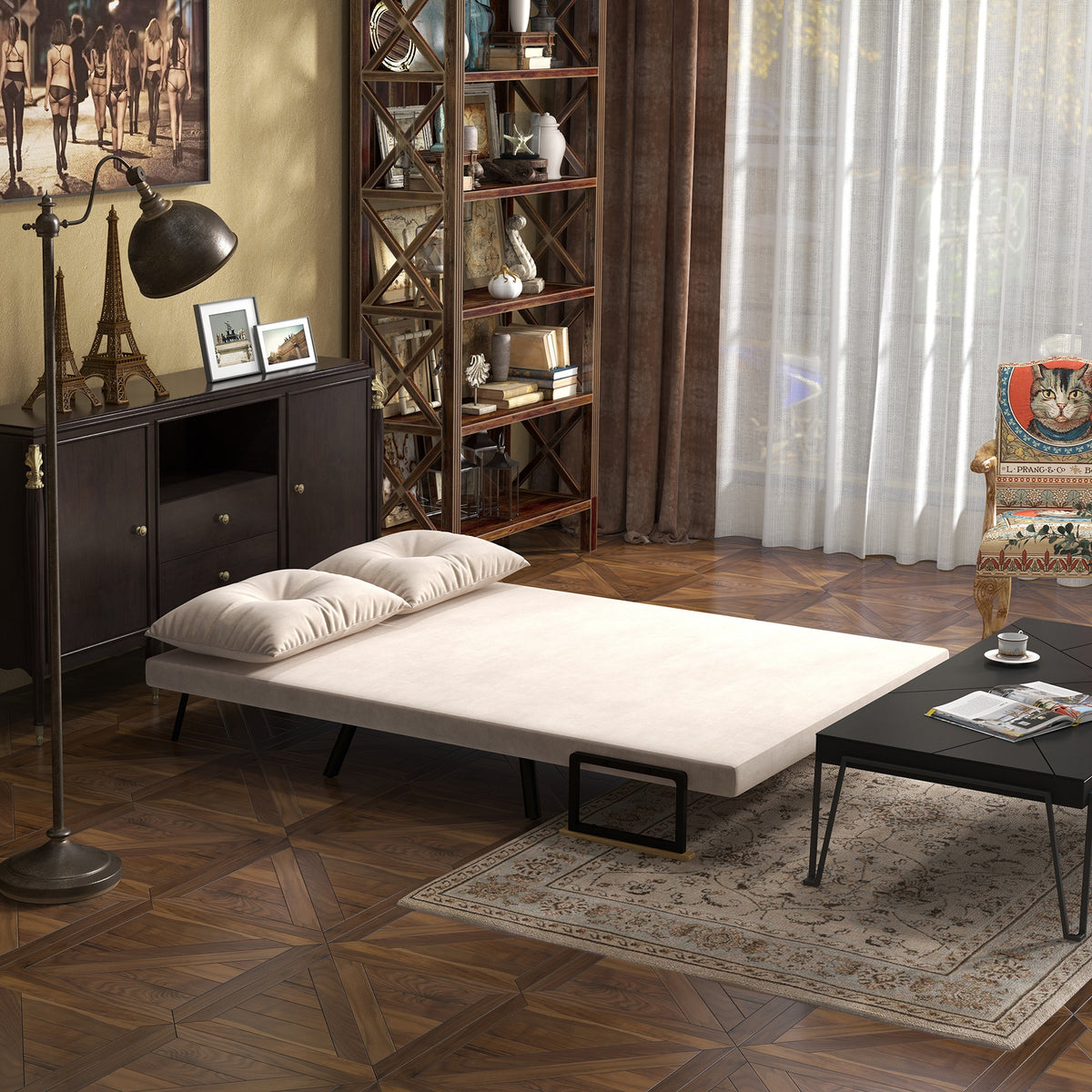 Slaapbank 2-zitsbank fluwelen bank, slaapfunctie, incl. 2 kussens, fluwelen look, natuur + beige + zwart (7)