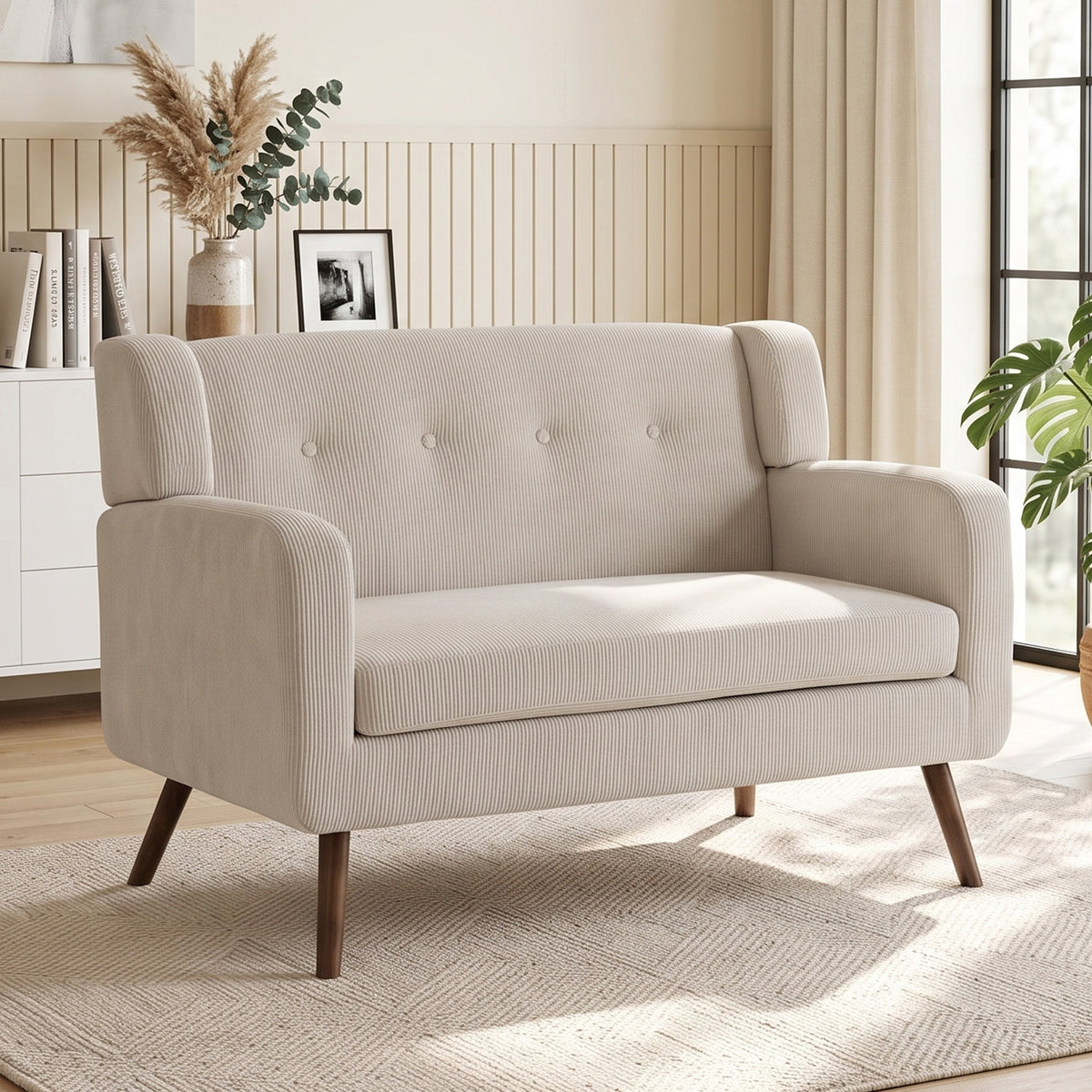 2-zitsbank 118 cm met corduroy-look, knoopstiksel, comfortabele moderne gestoffeerde bank met houten poten voor (2)