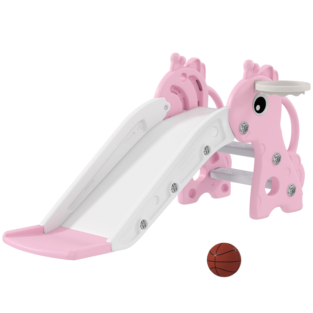3-in-1 glijbaan voor kinderen, girafvorm, basketbalring, bal, roze