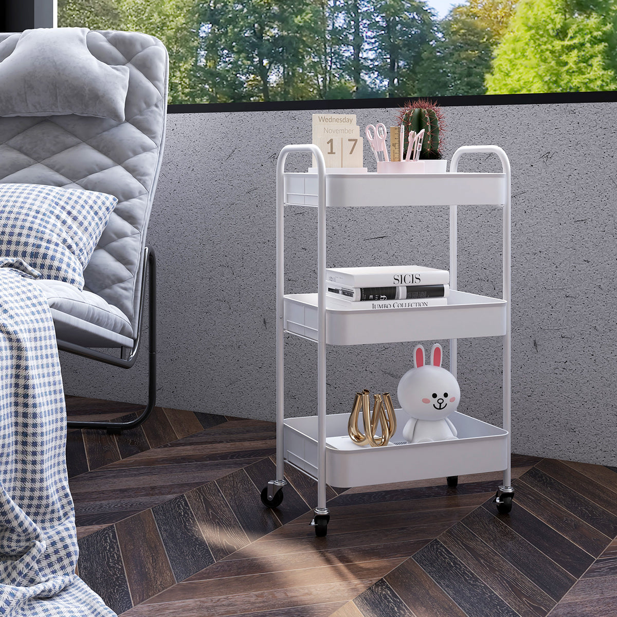 Multifunctionele wagen rolwagen keukentrolley, 3 planken, 4 wielen, 45 cm x 30,6 cm x 79 cm, Wit (2)