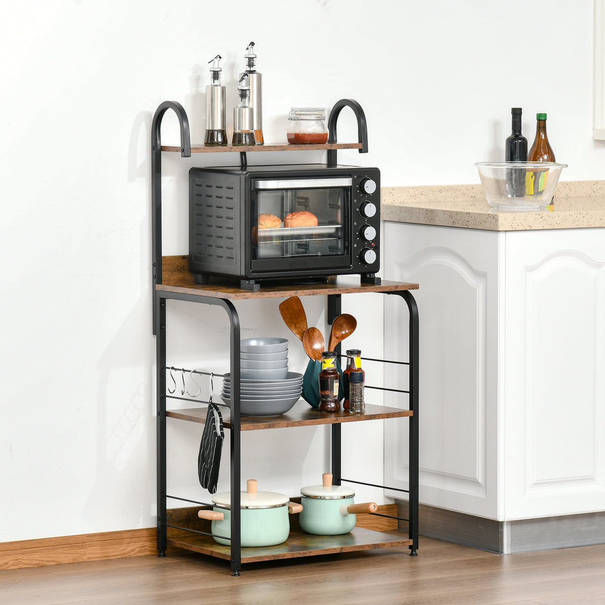 Keukenrek, staand rek met 3 planken, 4 haken, magnetronrek voor keuken, eetkamer, rustiek bruin, 60 x 40 x 125 (2)