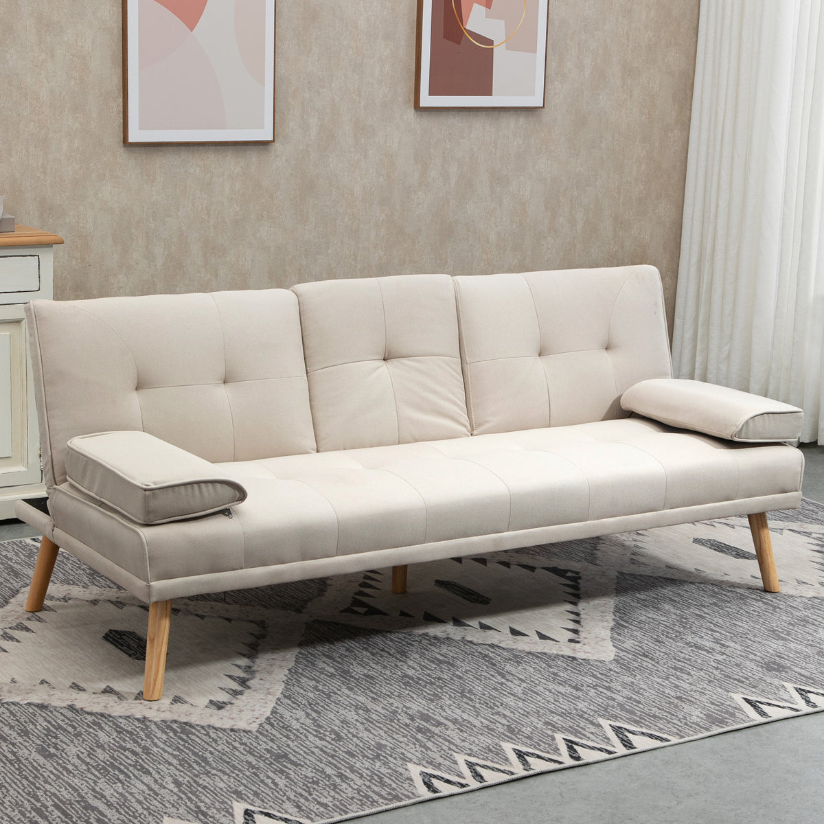 Slaapbank 3-zits, verstelbare rugleuning met klaptafel, twee armsteunkussens, linnenlook, beige, 181 x 77 x 78 (2)