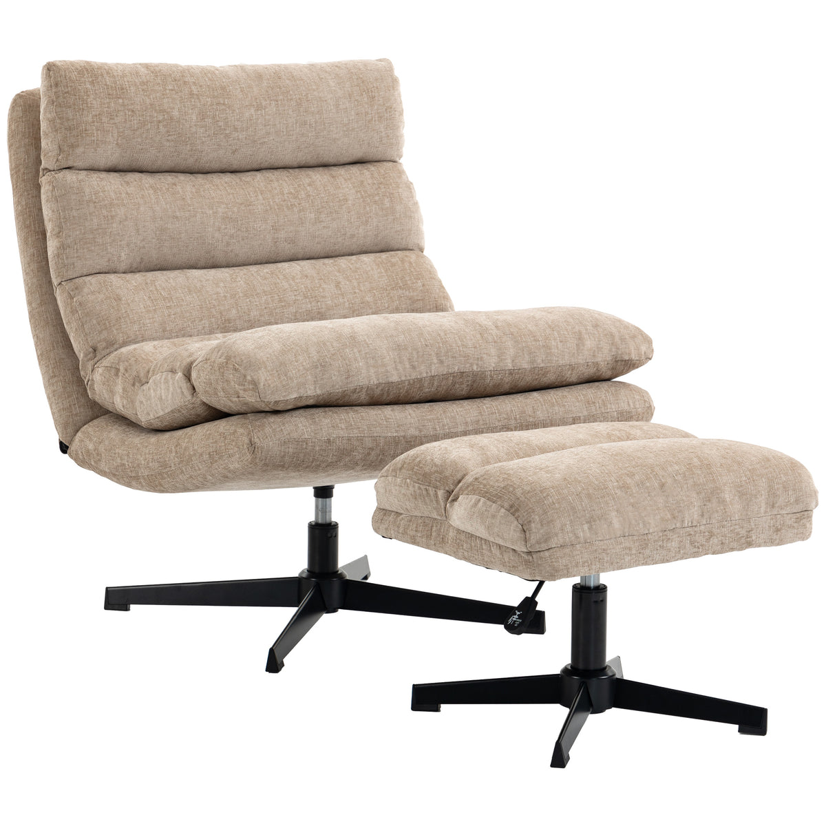 Loungefauteuil met voetenbank, draaibare chenille fauteuil met in hoogte verstelbare voetenbank, dikke bekleding