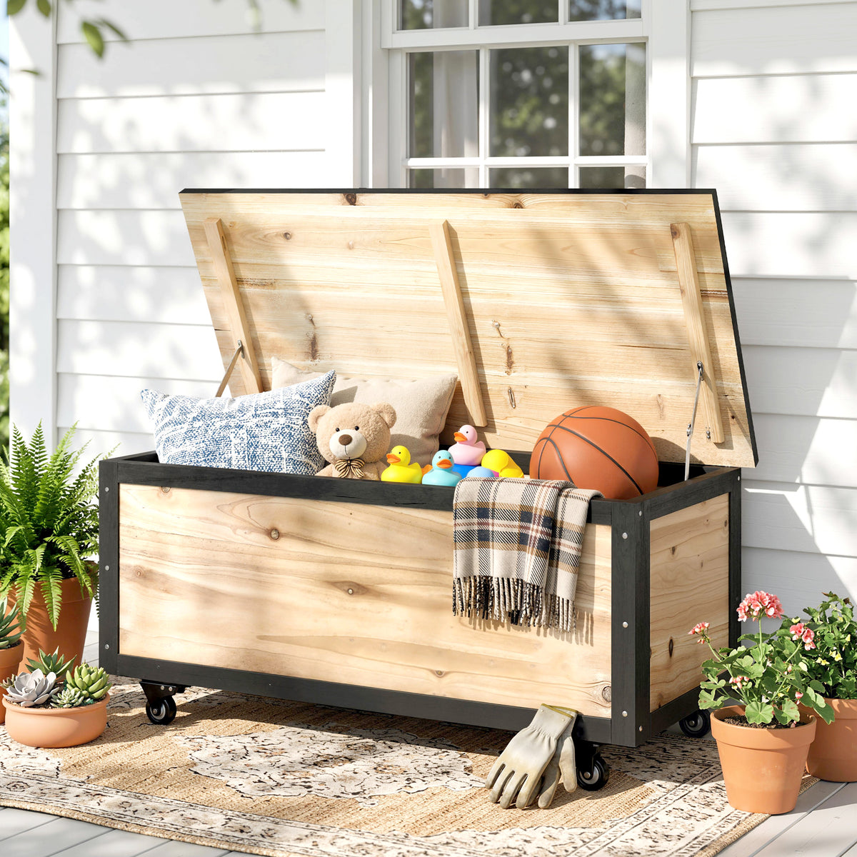 Tuinopbergbox, 121 liter, 2 wielen, weerbestendig, metalen scharnieren, natuurlijk hout, 100x50x43 cm (2)