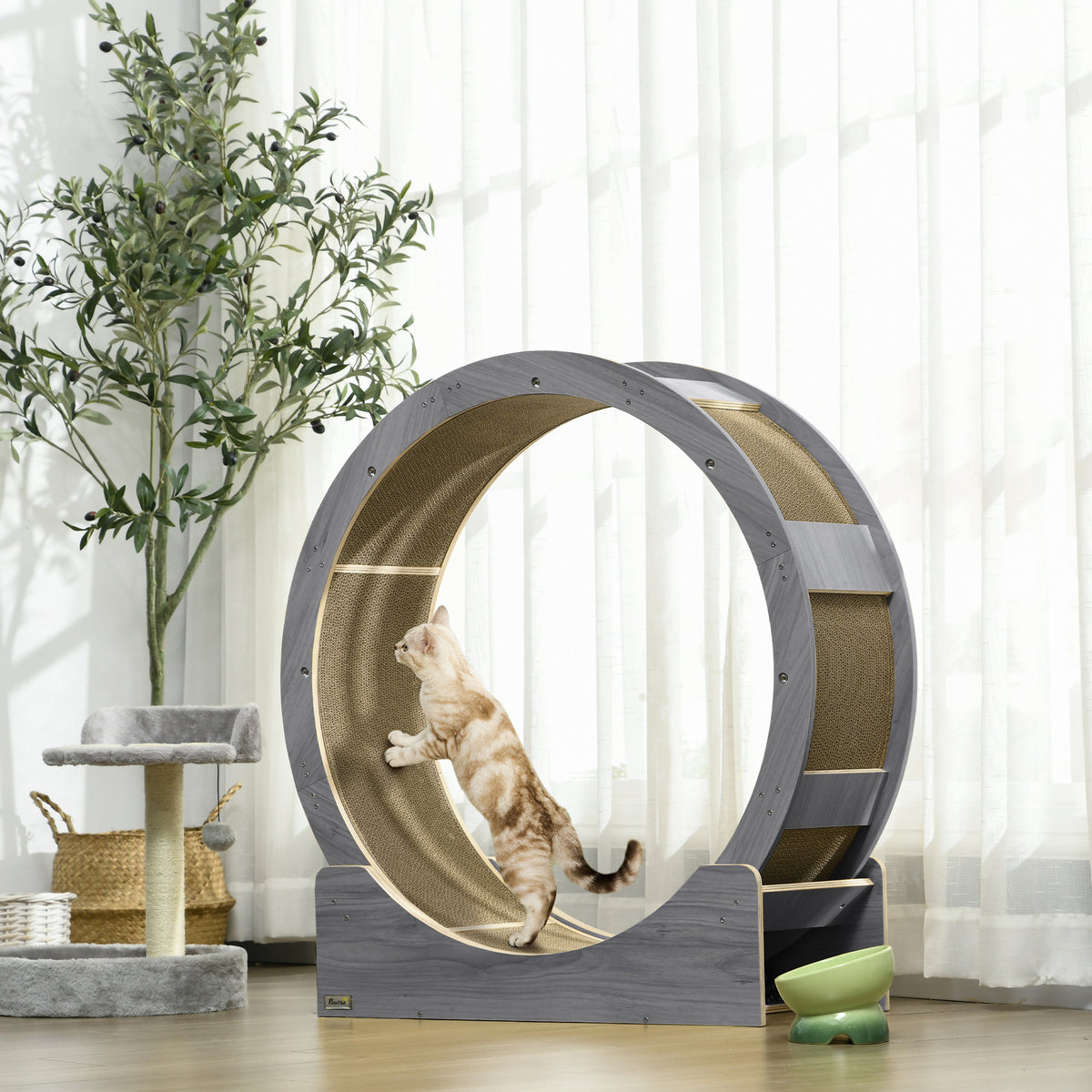 Kattenloopwiel, loopwiel voor katten, 91 cm, met rem, krabmat, kattenwiel voor gezonde beweging, walnoot (2)