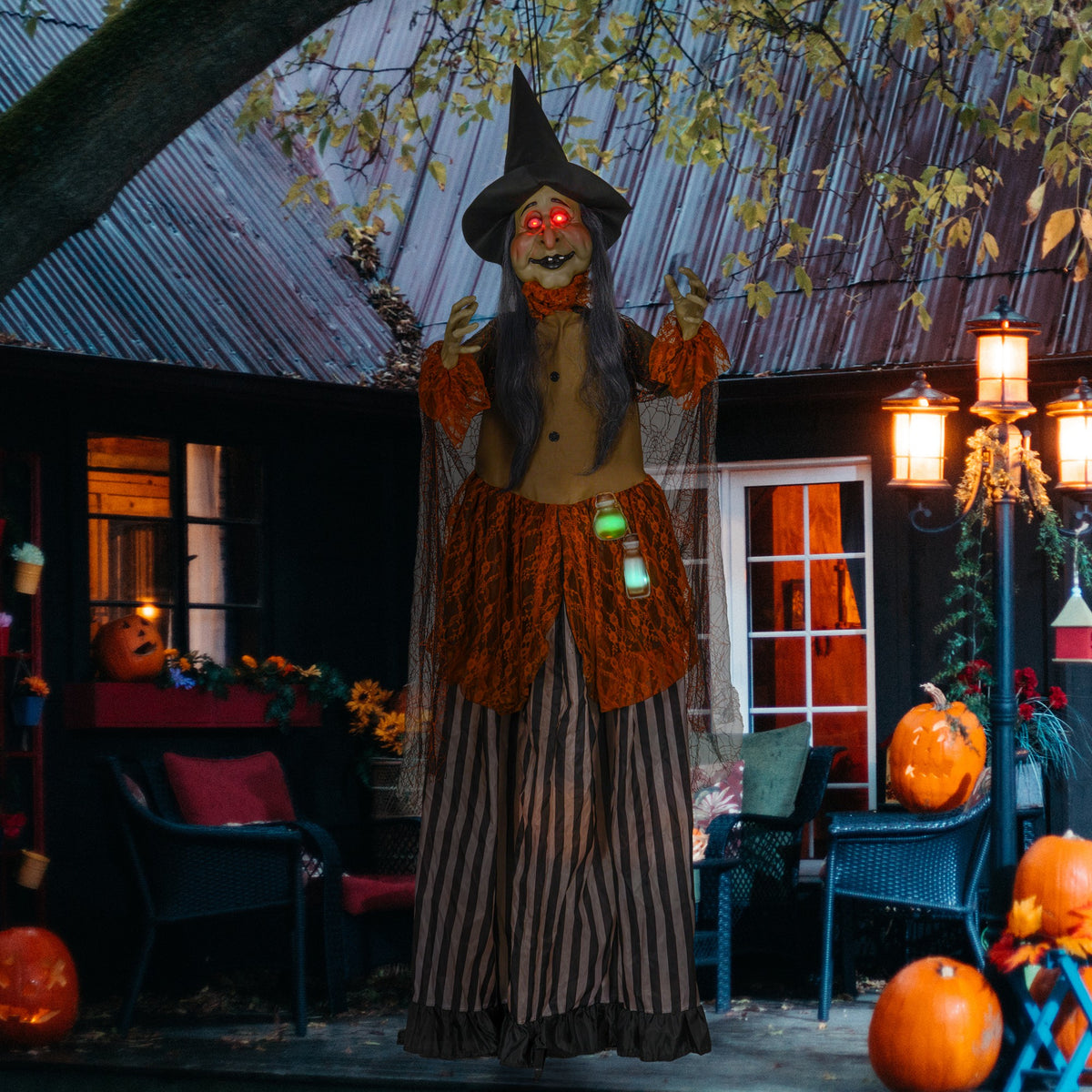 Heks met toverdrank, Halloween-decoratie, griezelige geluiden, rode ogen, beweegbaar, 183 cm (2)