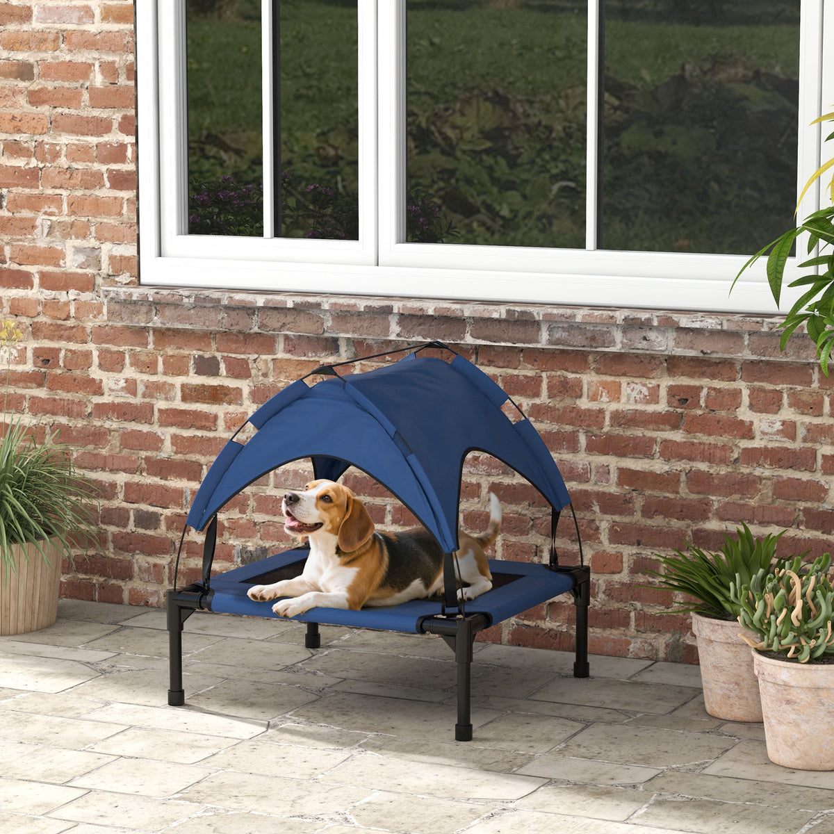 Hondenbed met dak, ademend, waterafstotend, tot 20 kg, 76 x 61 x 69,5 cm, donkerblauw (2)