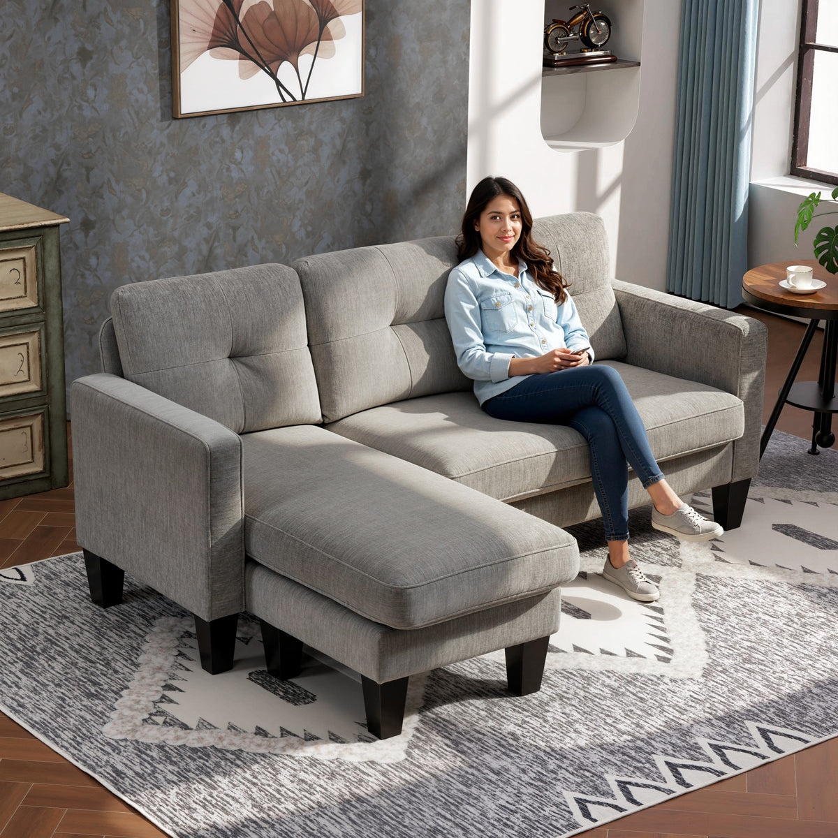 Hoekbank, hoekbank met omkeerbare chaise longue, L-vormige bank, bekleding in linnenlook, 186 x 130 x 84 cm (2)